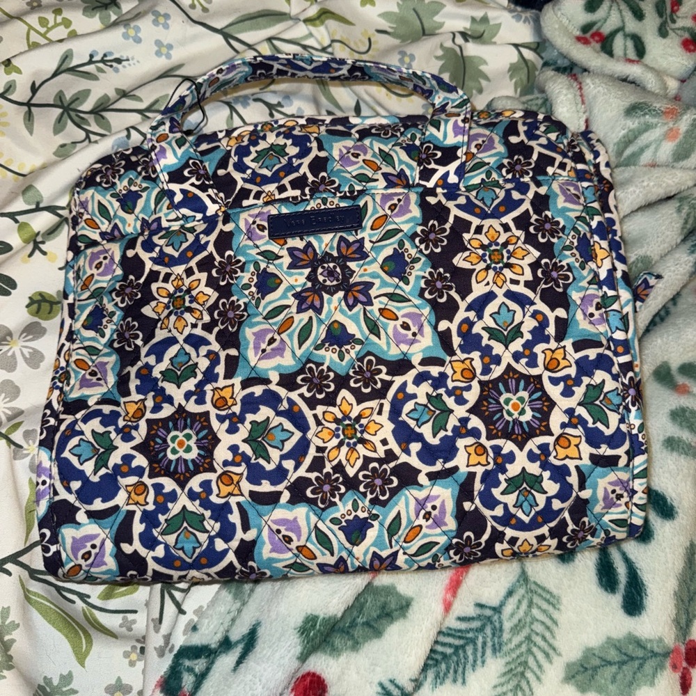 Vera Bradley Blue and Green Laptop Bag with Geometric Floral Design